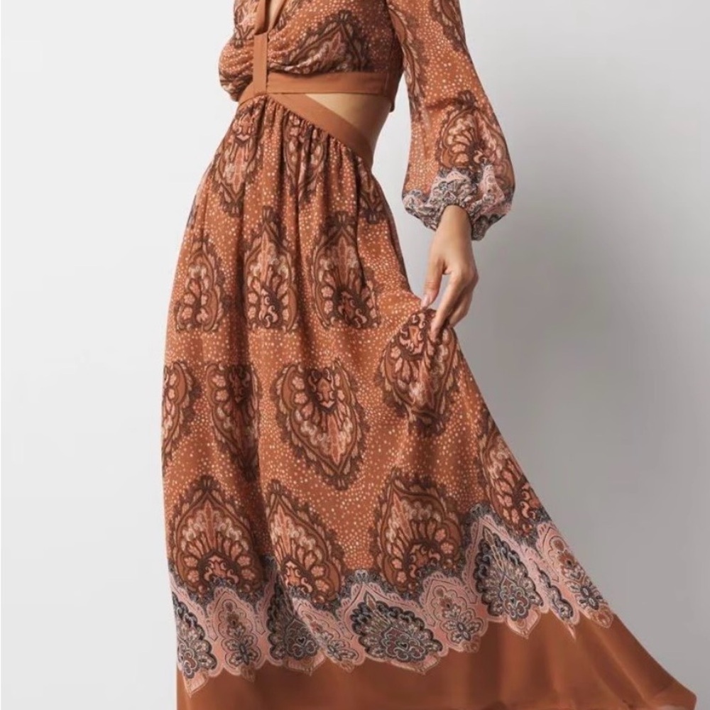 White House Black Market Brown Printed Maxi Dress With Cutout Waist